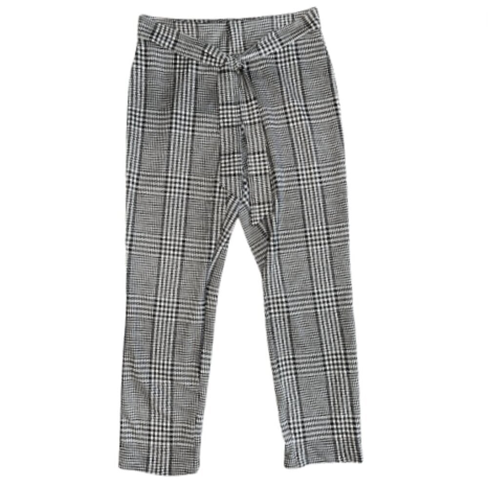 Black & White Plaid Gingham Straight Leg High Waist Dress Pants With Tie Petite